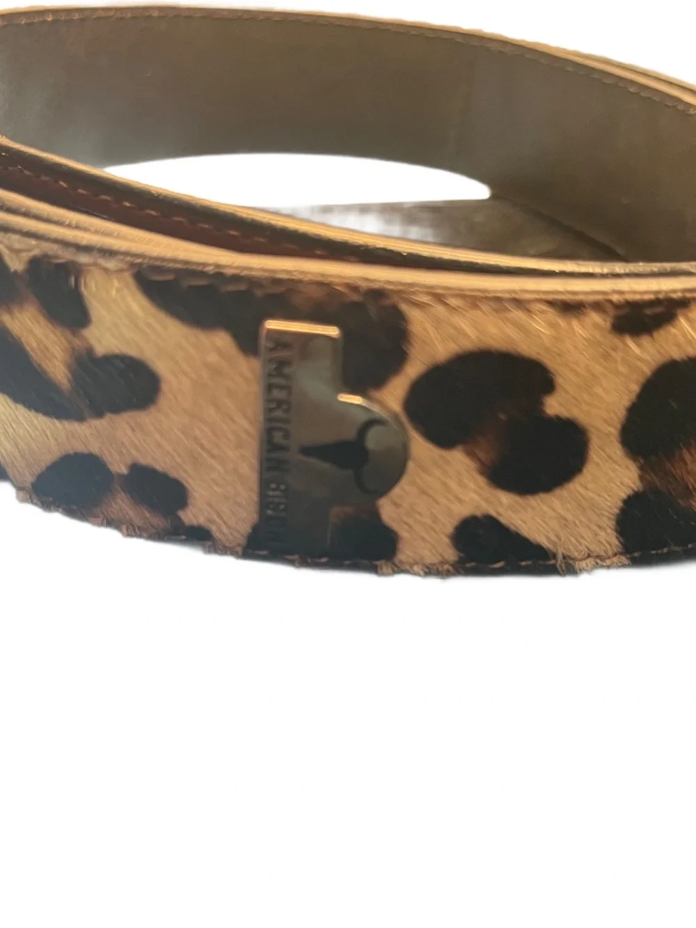 American Bison Leopard  Print Hair Tooled Leather Chunky Metal Buckle Belt Sz 42